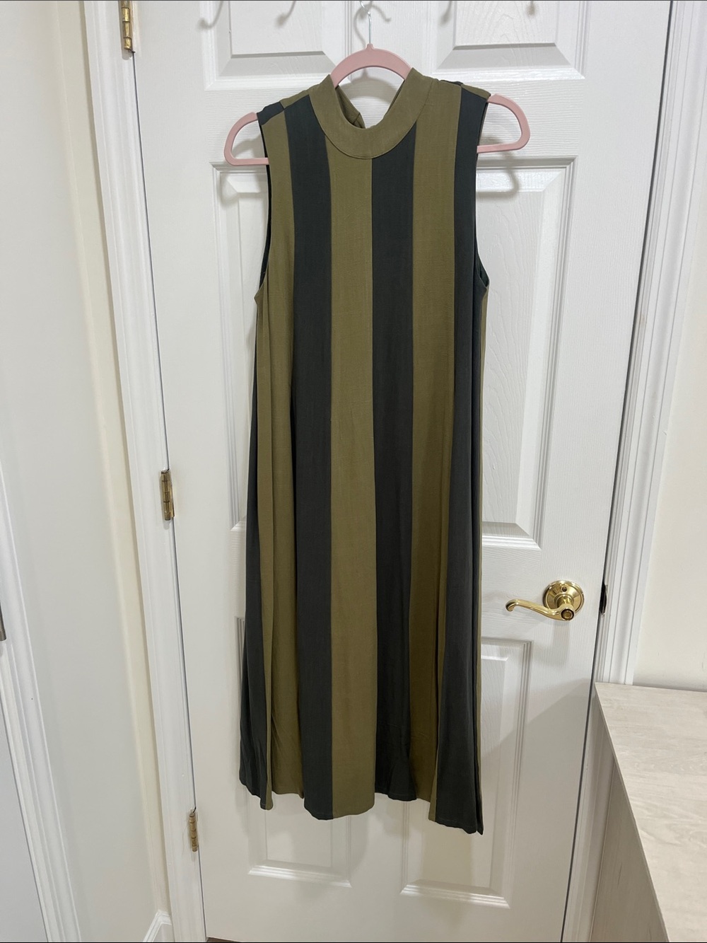 Sleeveless Vertical Stripe Midi Dress in Olive and Black